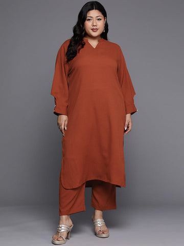 Varanga Women Plus Size Rust Long  Sleeves With Smart Cut Cuff, Straight Kurta Paired With Tonal Solid Bottom